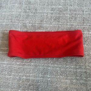 Red strapless swim suit